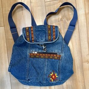 90s Vintage Denim Backpack Bag Embroidered Flowers